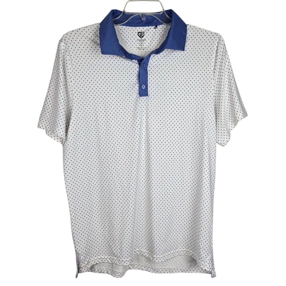 Graham Luxe Golf Polo Shirt Sz L White Blue Geometric Square Dots Short Sleeve